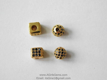 CZ Micro Pave Balls and Squares, Round Silver or Gold with Black CZ Pave Beads, 6 mm Focal Bead Spacer
